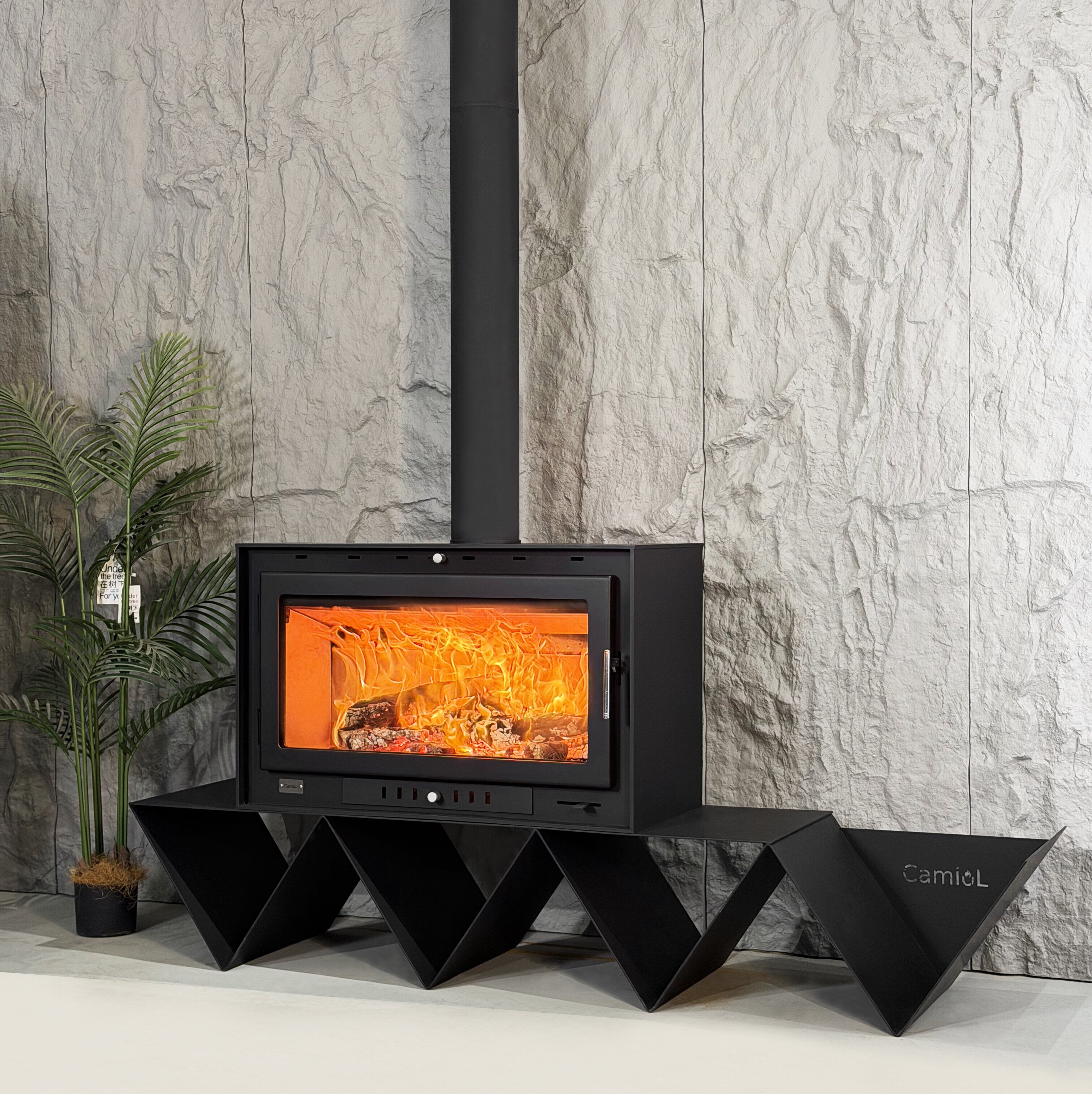 Camiol TH930 Three Sided Matte Black Steel Plate Freestanding Wood Fireplace Indoor Heating