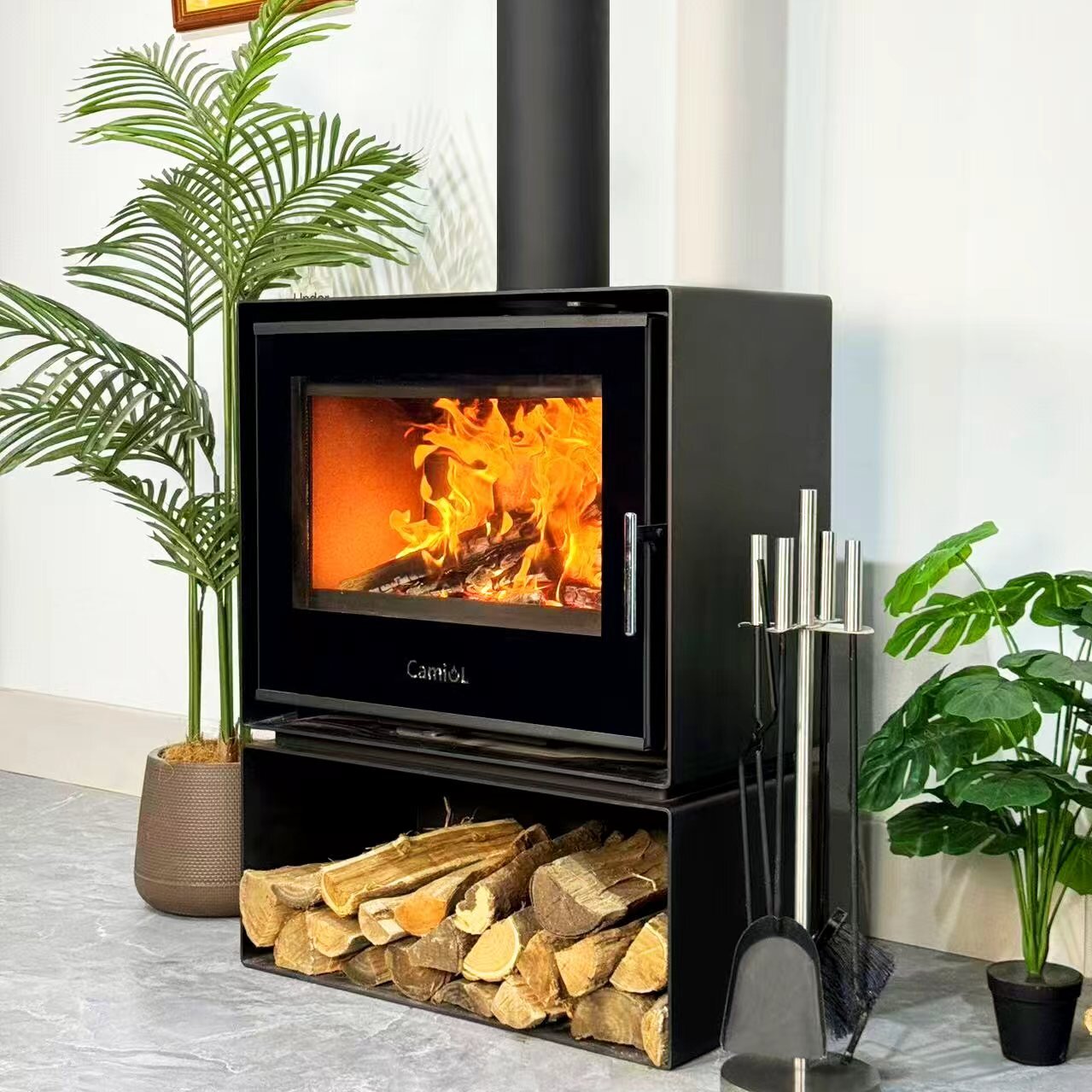 Camiol ME-1 Matte Black Steel Plate Wood Fireplace Indoor Heating