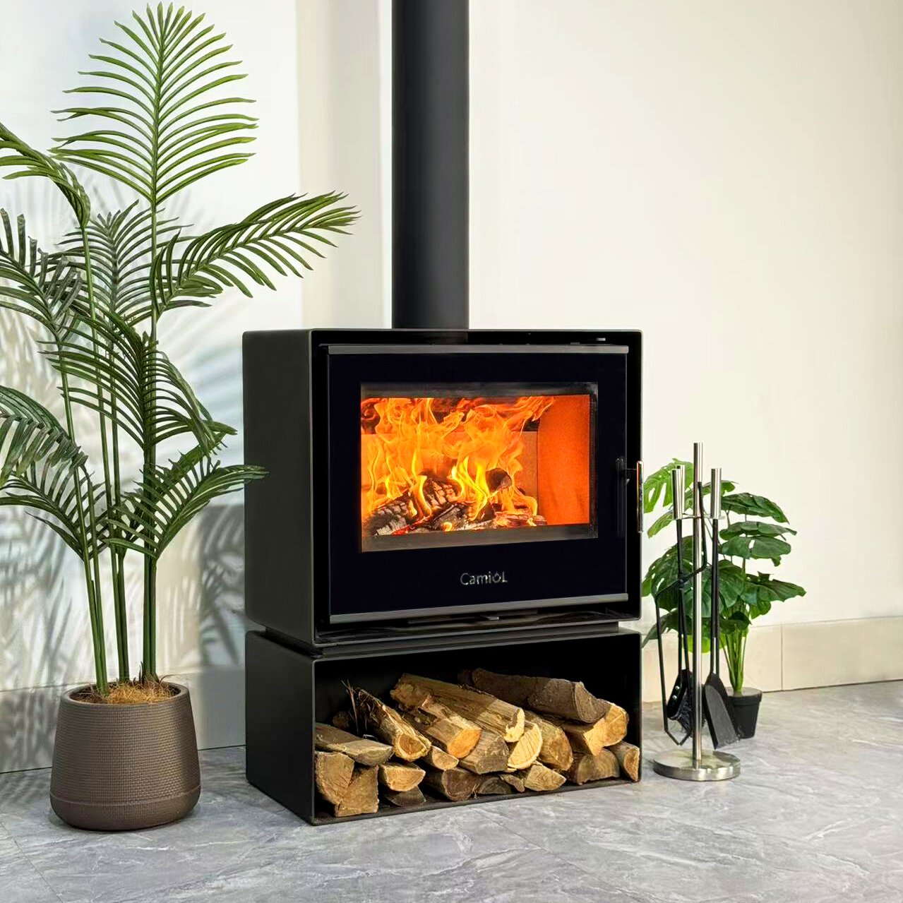 Camiol ME-1 Matte Black Steel Plate Wood Fireplace Indoor Heating