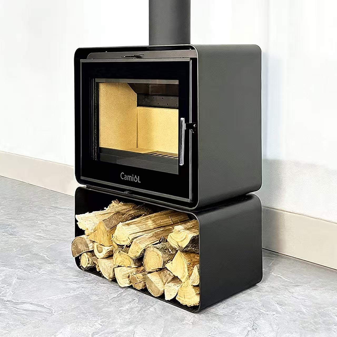 Camiol YS-1 Matte Black Steel Plate Wood Fireplace Indoor Home Heating
