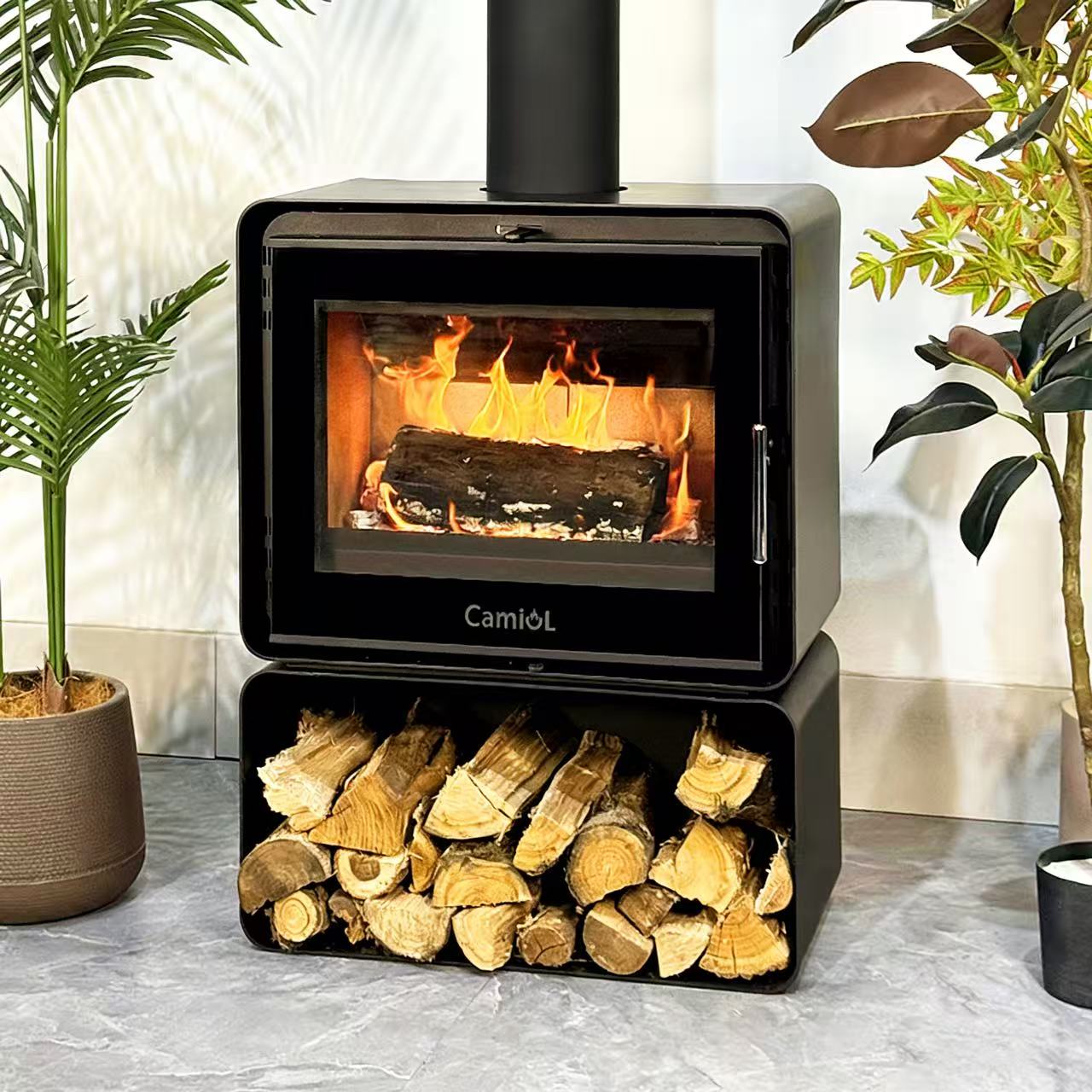 Camiol YS-1 Matte Black Steel Plate Wood Fireplace Indoor Home Heating