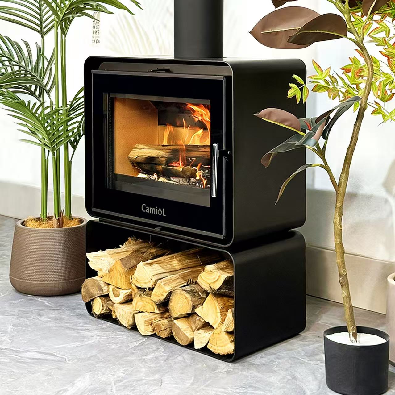 Camiol YS-1 Matte Black Steel Plate Wood Fireplace Indoor Home Heating