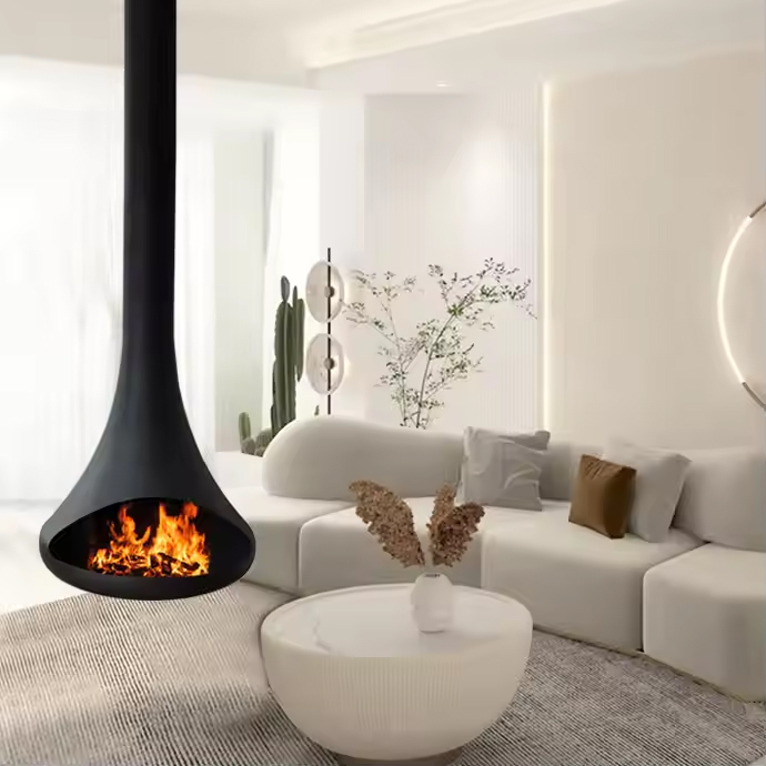 Camiol CX-5 Modern Hanging Fireplace Matte Black Carbon Steel Plate Suspended Wood Burning Stove for Indoor Living Room