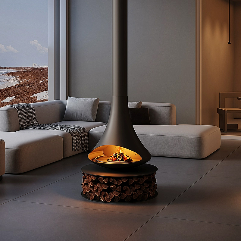 Camiol CX-5 Modern Hanging Fireplace Matte Black Carbon Steel Plate Suspended Wood Burning Stove for Indoor Living Room