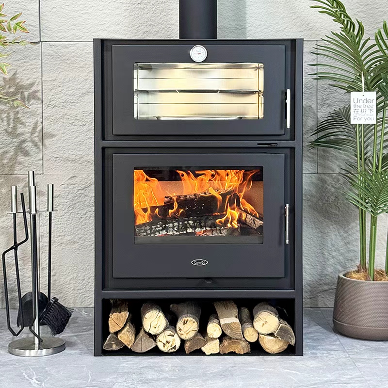 Camiol Oven760 Steel Plate Wood Burning Stove With Cooking Oven Matte Black Freestanding Heater