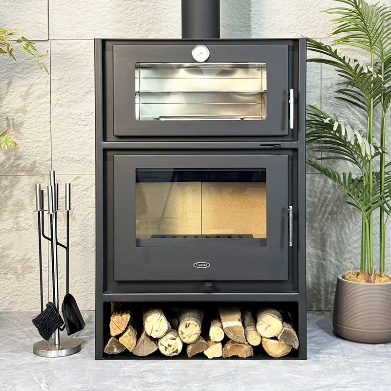 Camiol Oven760 Steel Plate Wood Burning Stove With Cooking Oven Matte Black Freestanding Heater