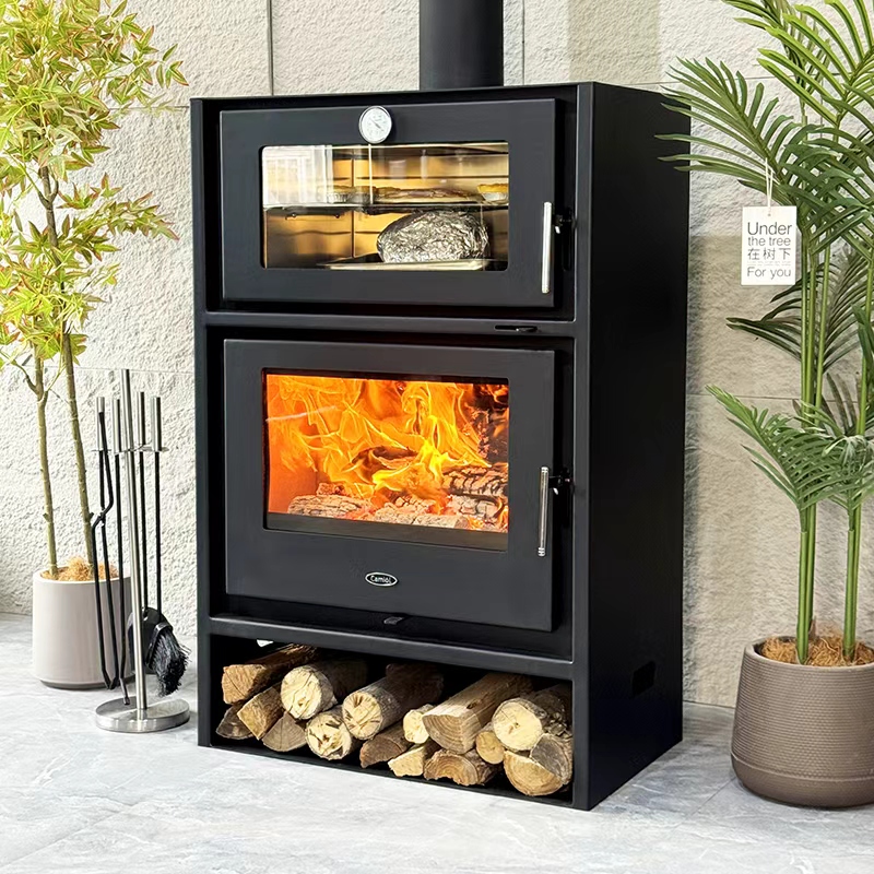 Camiol Oven760 Steel Plate Wood Burning Stove With Cooking Oven Matte Black Freestanding Heater