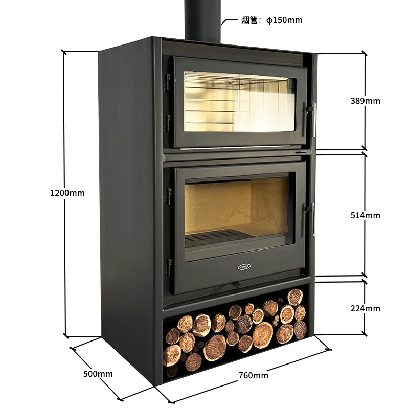 Camiol Oven760 Steel Plate Wood Burning Stove With Cooking Oven Matte Black Freestanding Heater