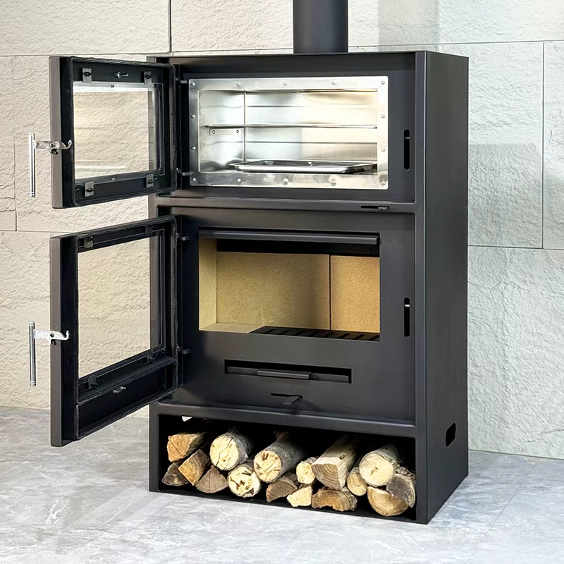 Camiol Oven760 Steel Plate Wood Burning Stove With Cooking Oven Matte Black Freestanding Heater