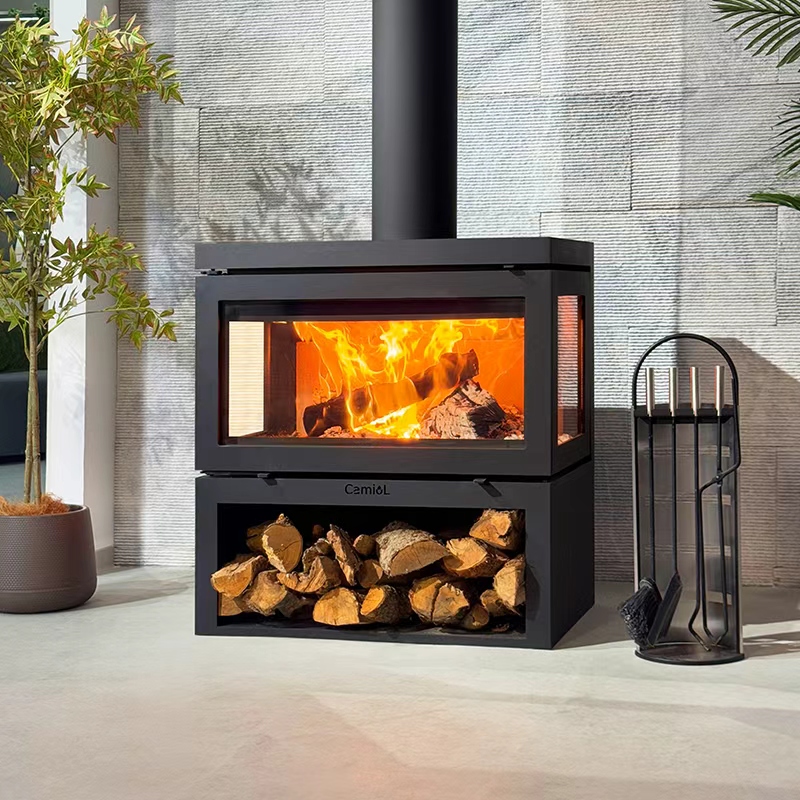 Camiol Vader-800 Double Layer Carbon Steel Matte Black Wall Mount Indoor Wood Burning Fireplace