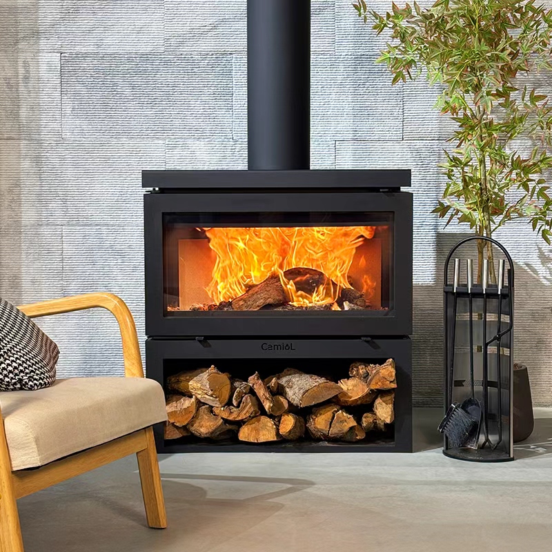 Camiol Vader-800 Double Layer Carbon Steel Matte Black Wall Mount Indoor Wood Burning Fireplace