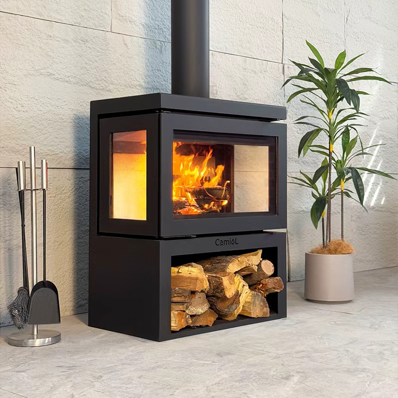 Camiol Vader-680 Matte Black Double Mild Steel Plate Wall Mounted Wood Fireplace Indoor Heating