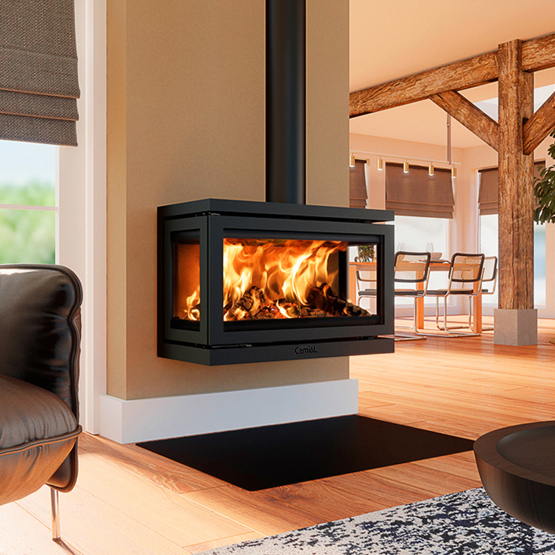 Camiol Vader-800 Double Layer Carbon Steel Matte Black Wall Mount Indoor Wood Burning Fireplace