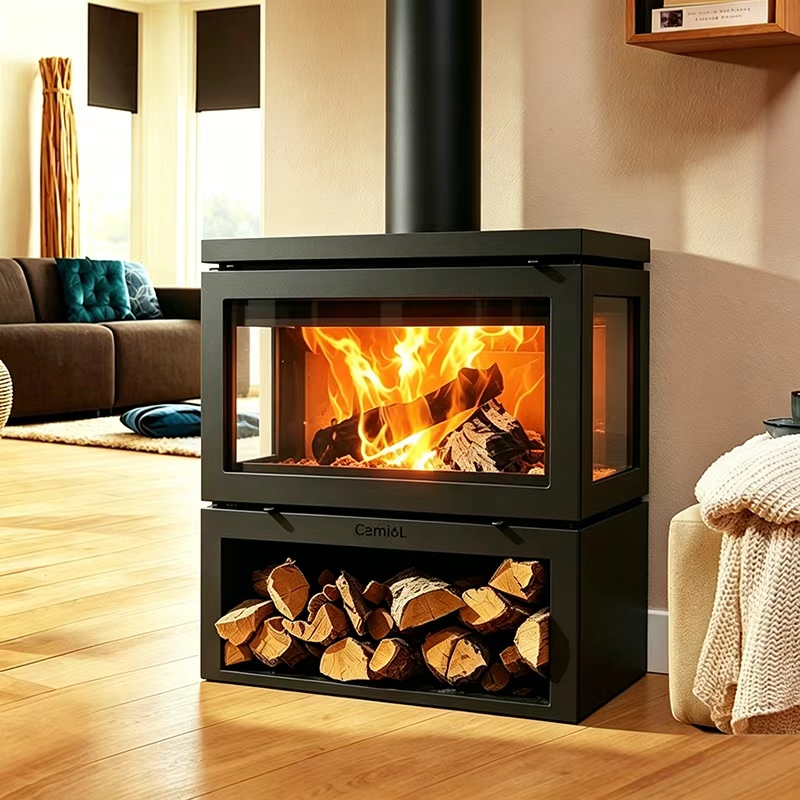 Camiol Vader-680 Matte Black Double Carbon Steel Plate Freestanding Wood Fireplace Indoor Heating