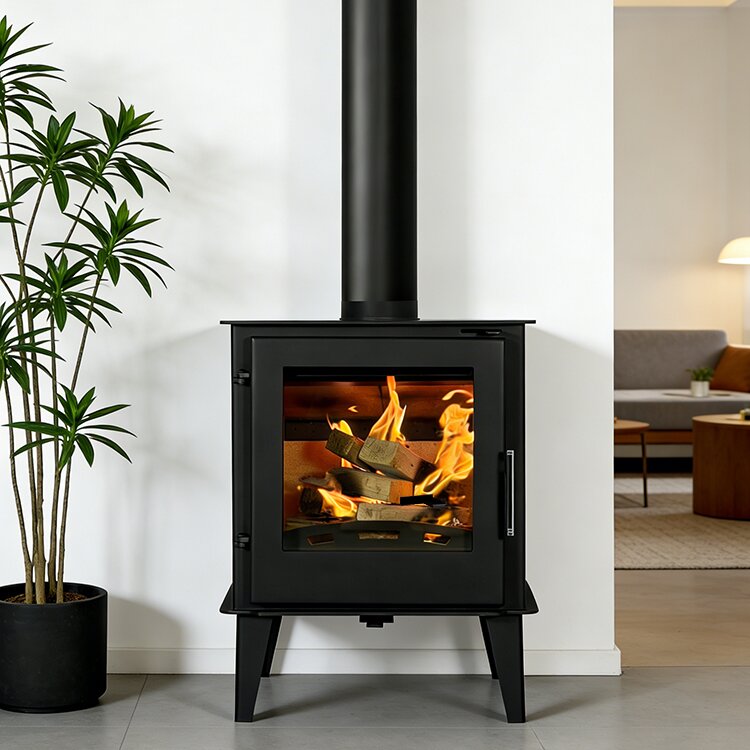 Camiol Angel Matte Black Steel Plate Wood Burning Stove Freestanding Solid Fuel Fireplace For Small Home Heating