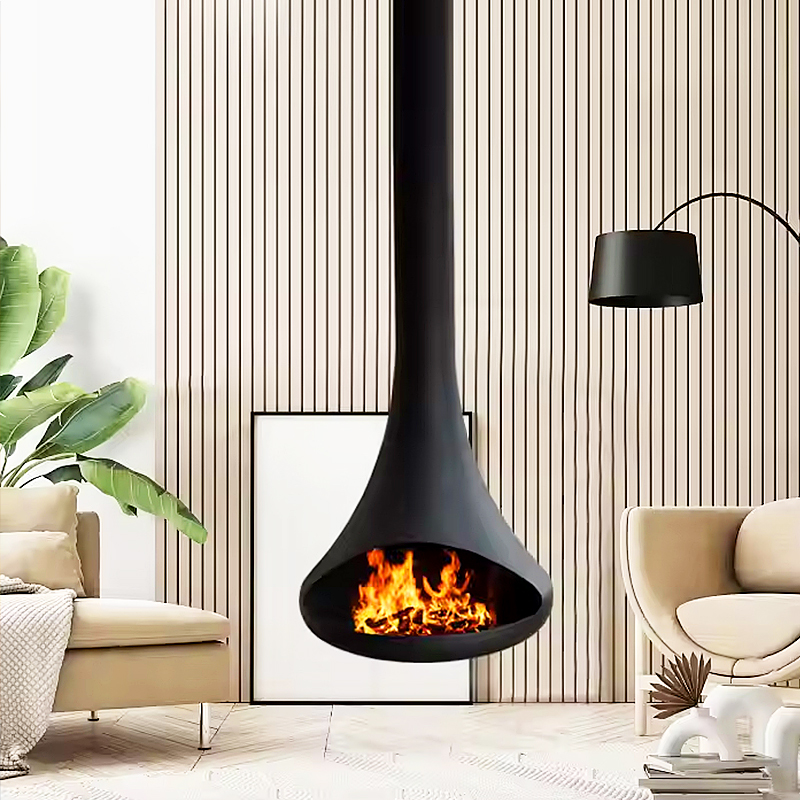 Camiol CX-5 Modern Hanging Fireplace Matte Black Carbon Steel Plate Suspended Wood Burning Stove for Indoor Living Room