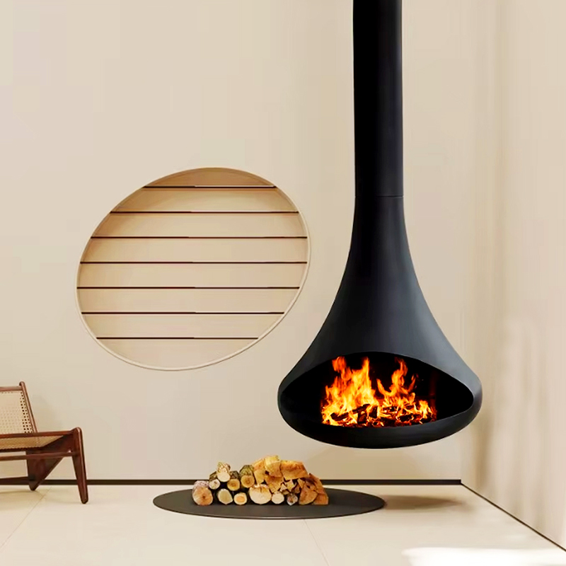 Camiol CX-5 Modern Hanging Fireplace Matte Black Carbon Steel Plate Suspended Wood Burning Stove for Indoor Living Room