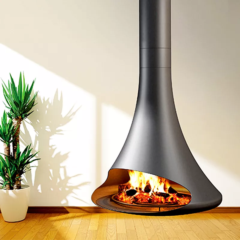 Camiol CX-5 Modern Hanging Fireplace Matte Black Carbon Steel Plate Suspended Wood Burning Stove for Indoor Living Room