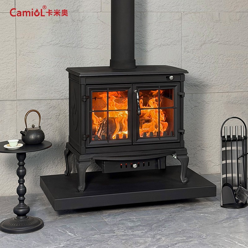 LS710 Thick Cast Iron Double Door Freestanding Wood Burning Stove Matte Black