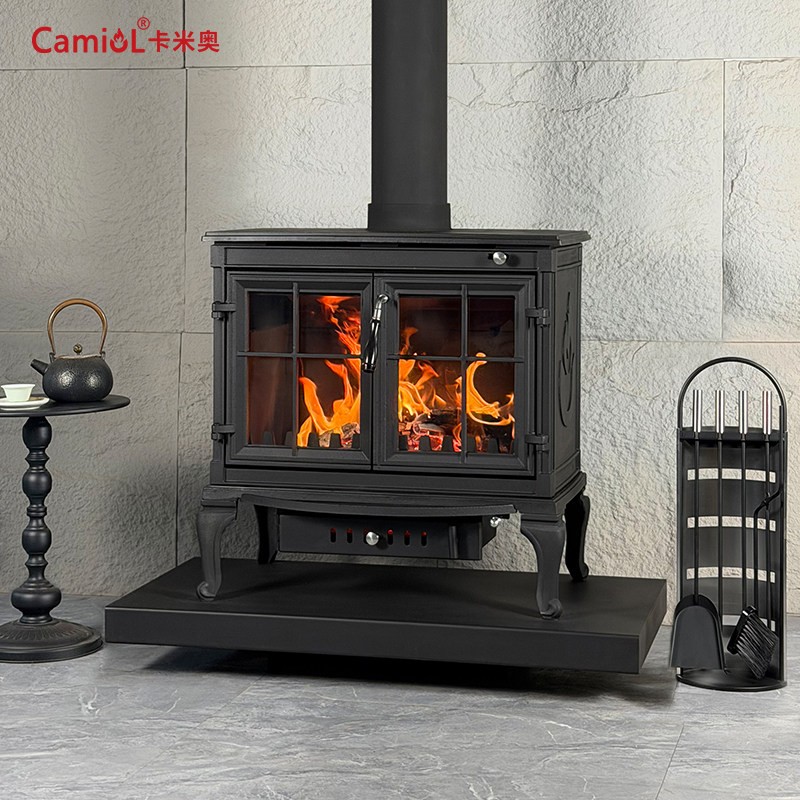 LS710 Thick Cast Iron Double Door Freestanding Wood Burning Stove Matte Black