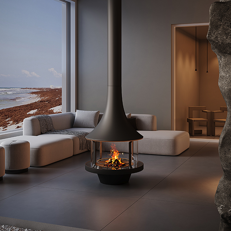 CX-6 Steel Plate Hanging Fireplace Matte Black Suspended Wood Burning Fireplace