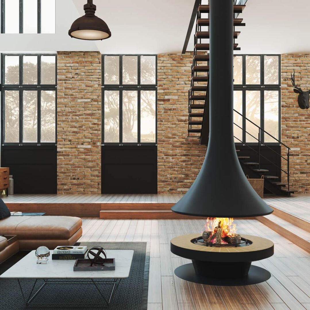 CX-6 Steel Plate Hanging Fireplace Matte Black Suspended Wood Burning Fireplace