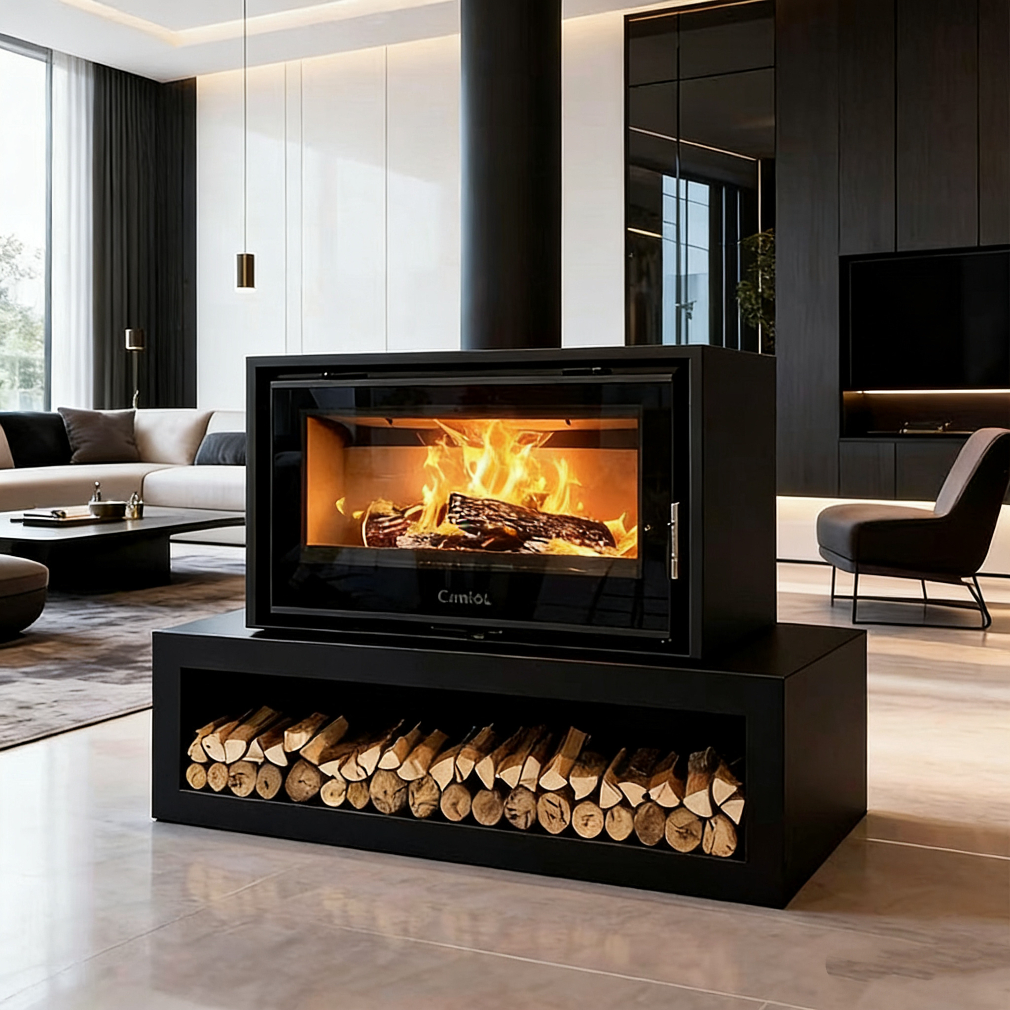 Camiol DF1050 Matte Black Double Mild Steel Plate Single & Double Sided Wood Fireplace Indoor Heating