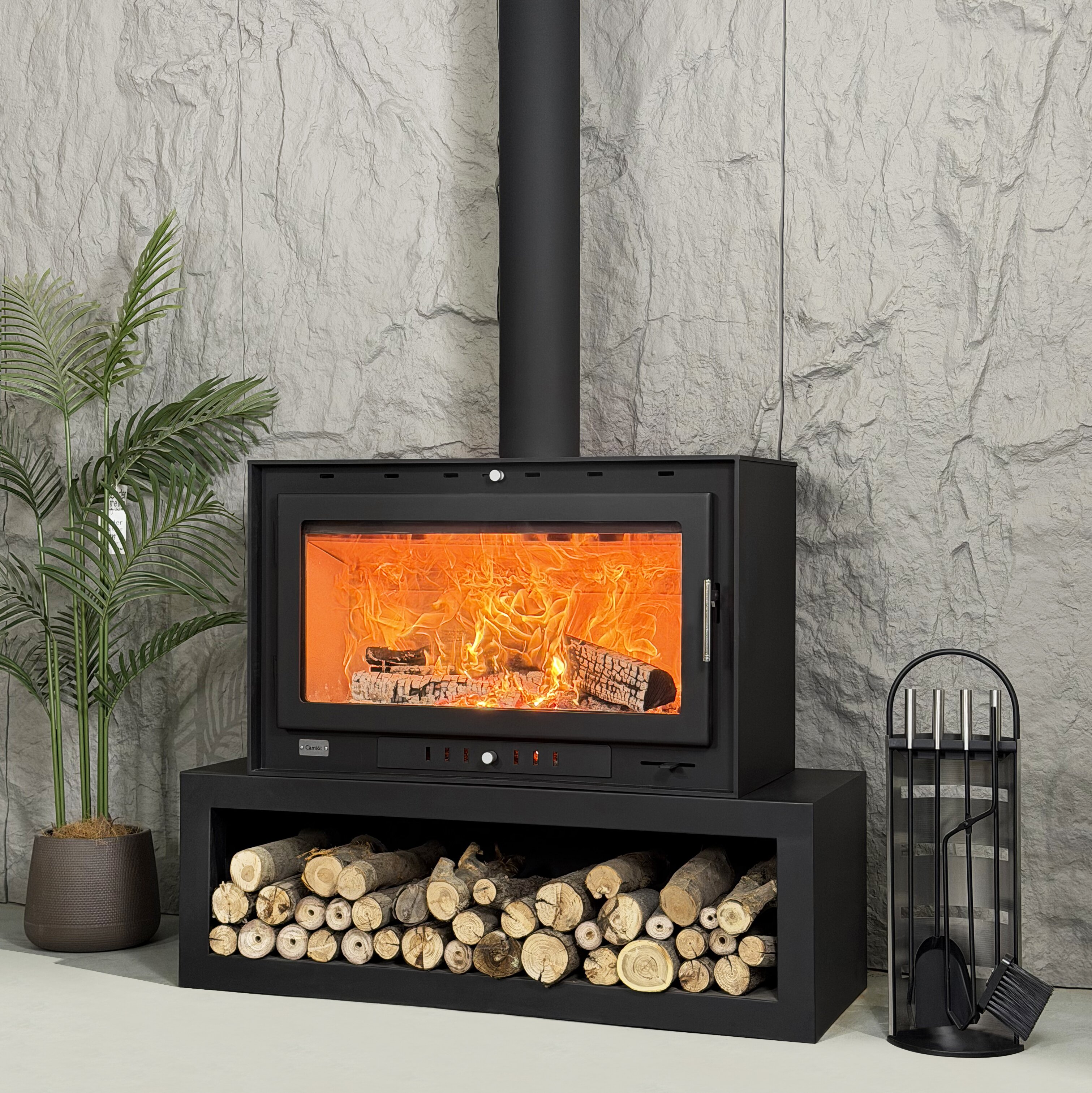 Camiol TH930 Two Sided Matte Black Steel Plate Freestanding Wood Fireplace Indoor Heating
