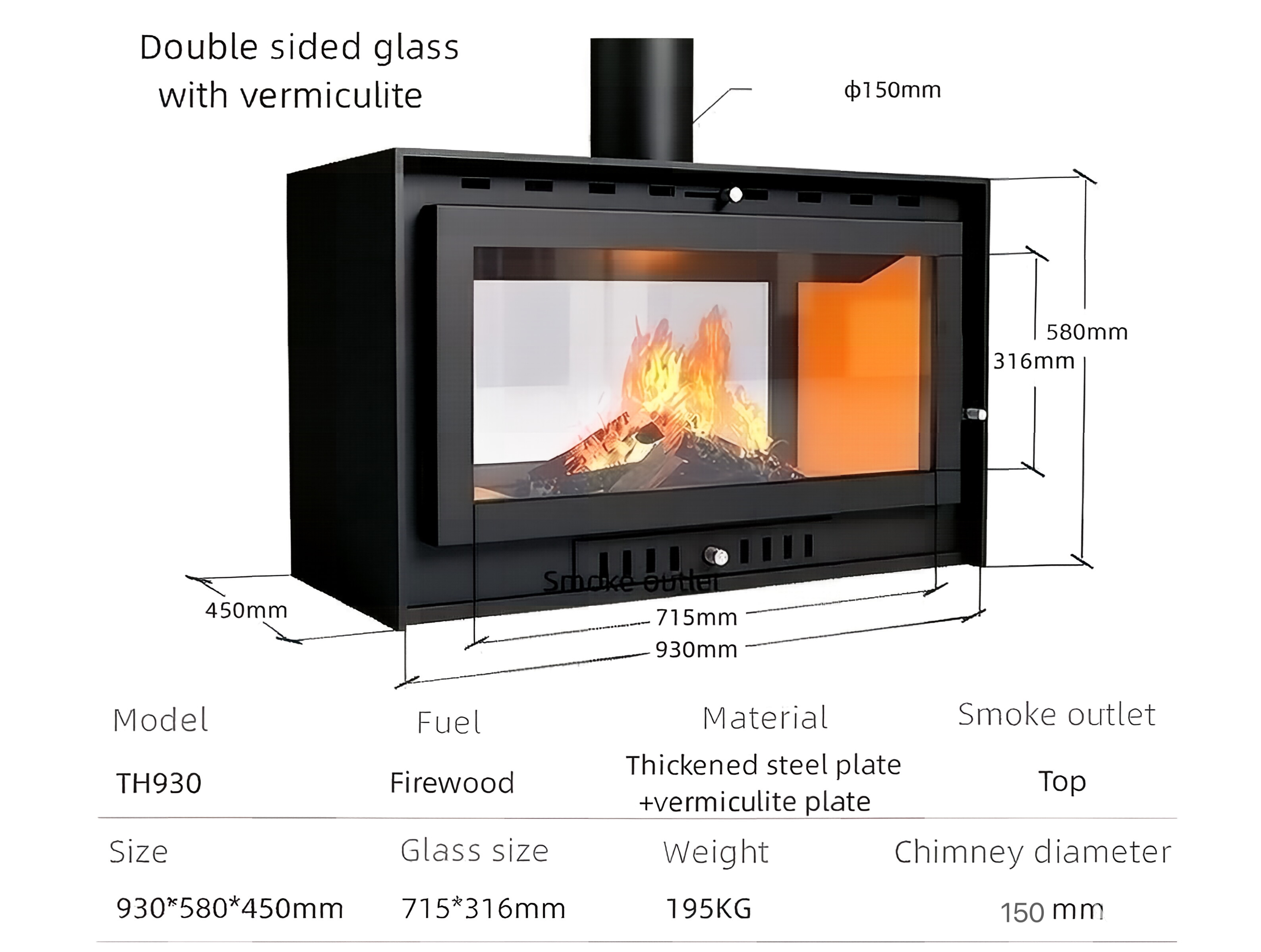 Camiol TH930 Two Sided Matte Black Steel Plate Freestanding Wood Fireplace Indoor Heating