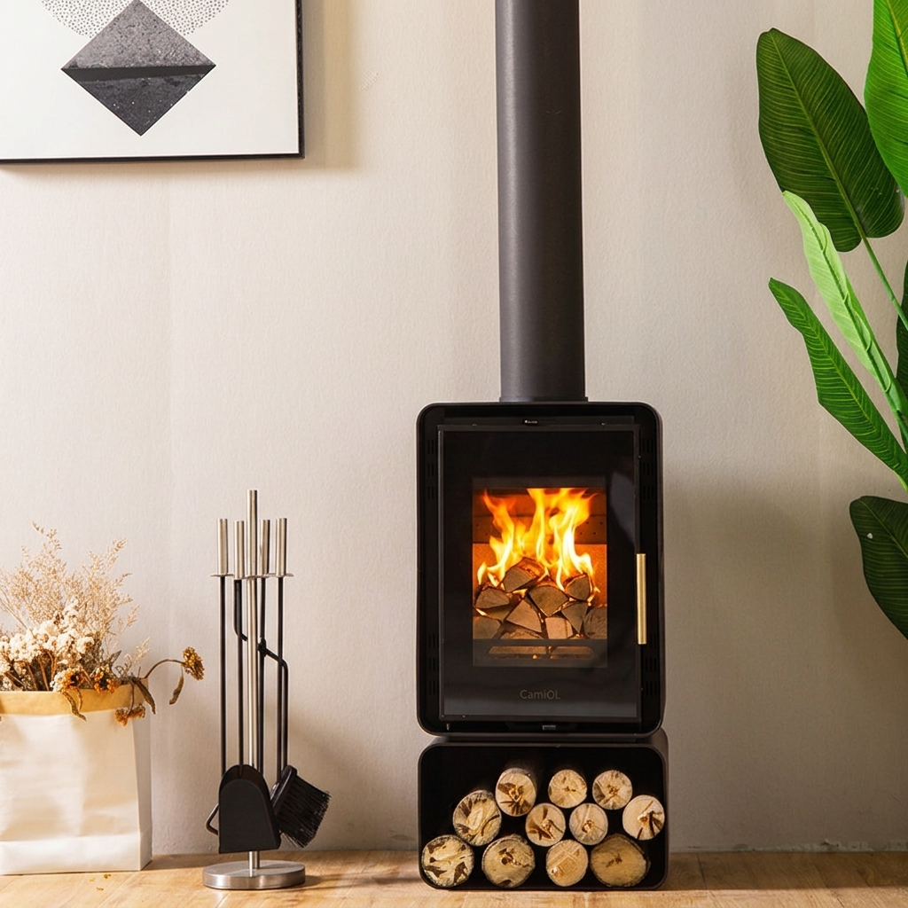 Camiol ST-1 Matte Black Steel Plate Wood Fireplace Indoor Heating