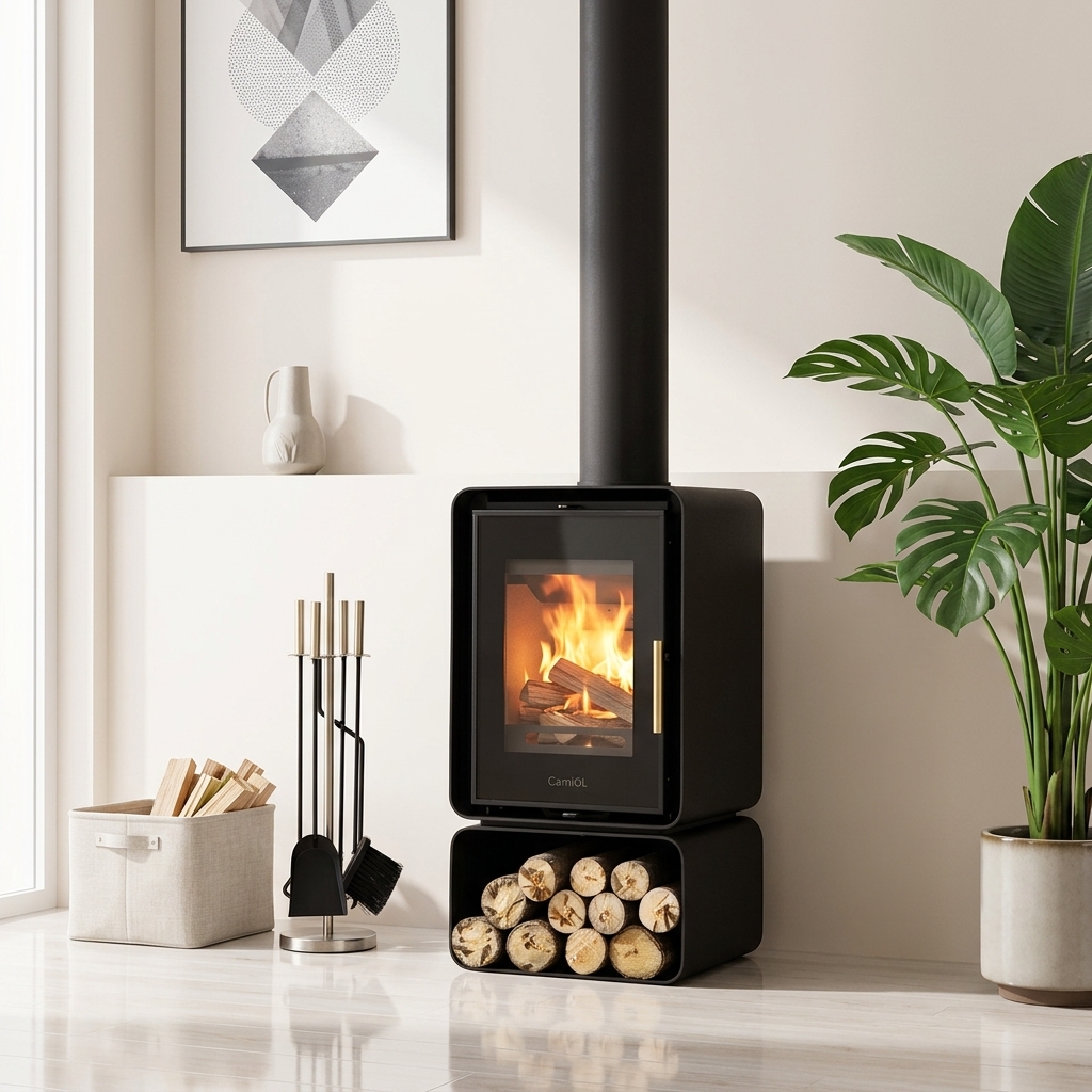 Camiol ST-1 Matte Black Steel Plate Wood Fireplace Indoor Heating