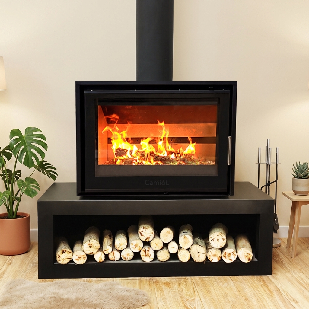 Camiol DF800 Matte Black Double Mild Steel Plate Wood Fireplace Indoor Heating