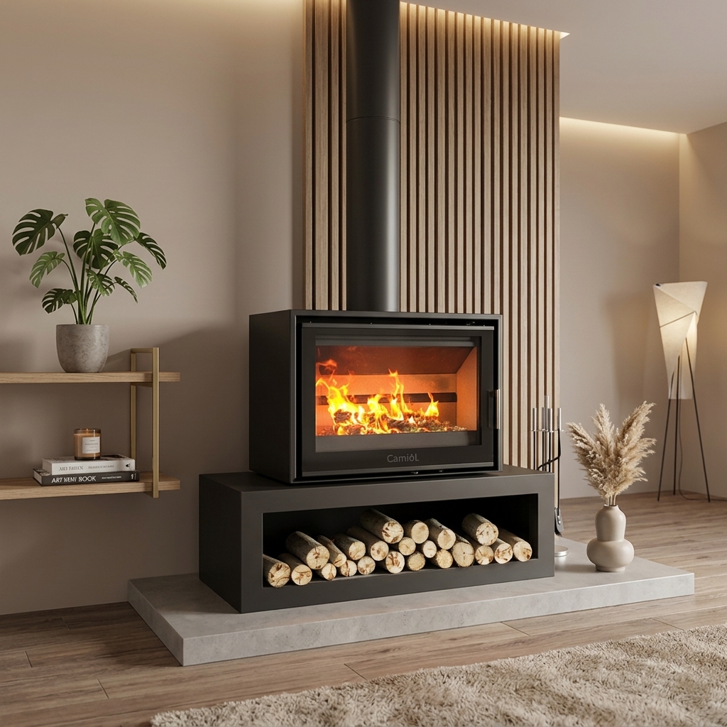 Camiol DF800 Matte Black Double Mild Steel Plate Wood Fireplace Indoor Heating