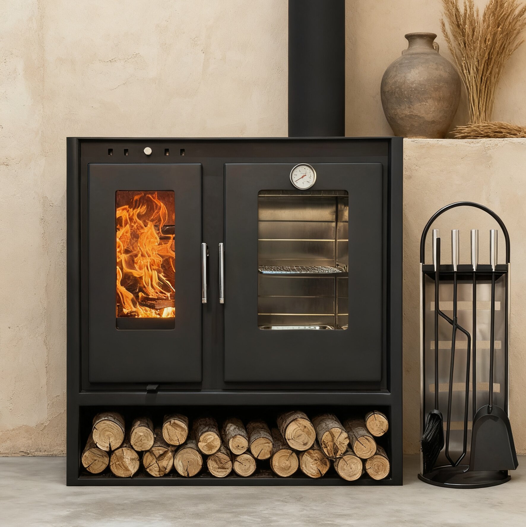 Camiol Oven780 Steel Plate Freestanding Wood Burning Stove With Cooking Oven Matte Black Indoor Heater