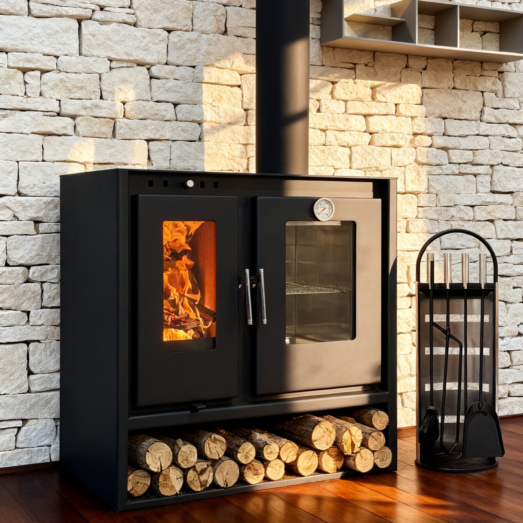 Camiol Oven780 Steel Plate Freestanding Wood Burning Stove With Cooking Oven Matte Black Indoor Heater