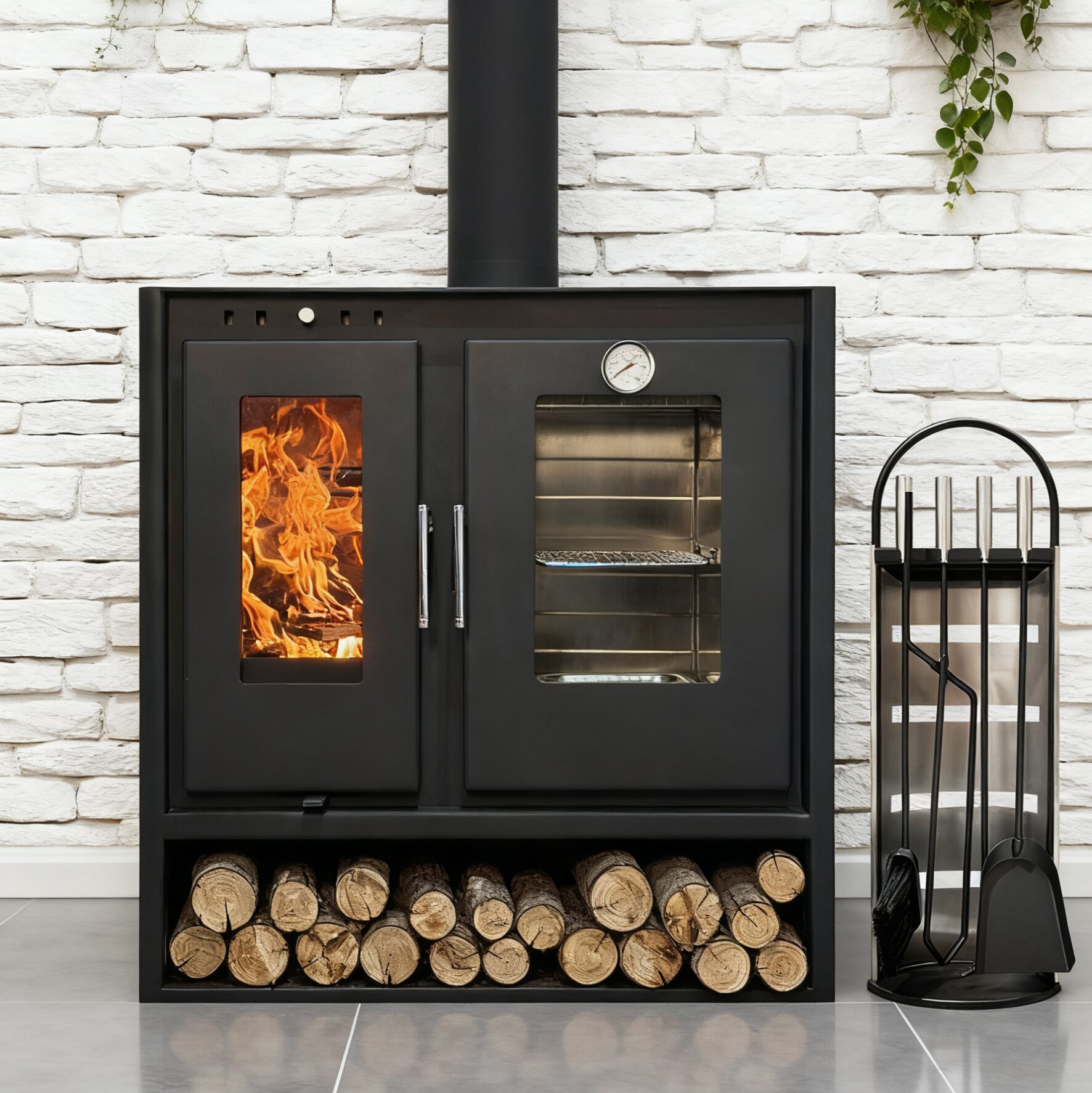 Camiol Oven780 Steel Plate Freestanding Wood Burning Stove With Cooking Oven Matte Black Indoor Heater