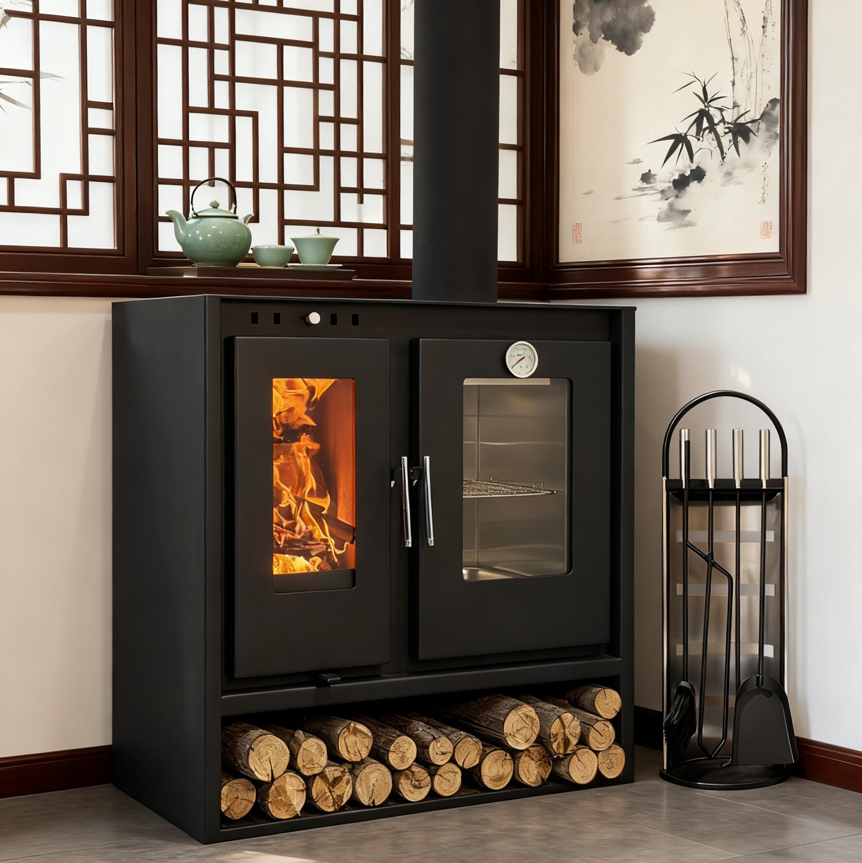 Camiol Oven780 Steel Plate Freestanding Wood Burning Stove With Cooking Oven Matte Black Indoor Heater