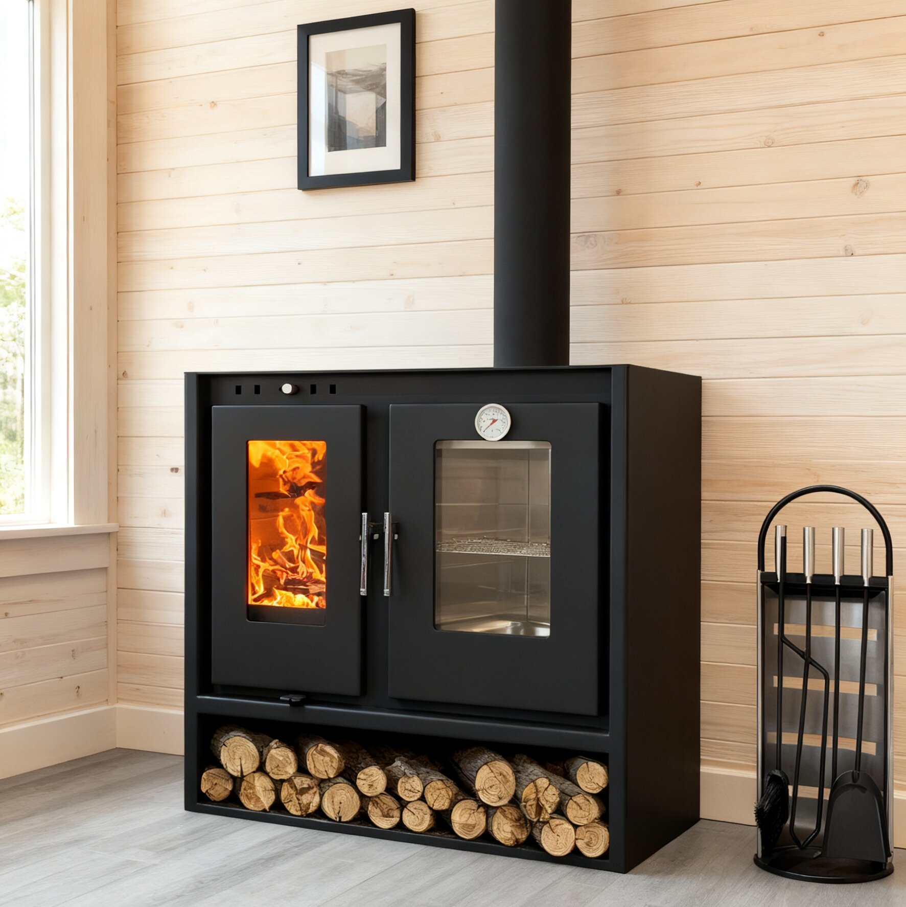 Camiol Oven780 Steel Plate Freestanding Wood Burning Stove With Cooking Oven Matte Black Indoor Heater