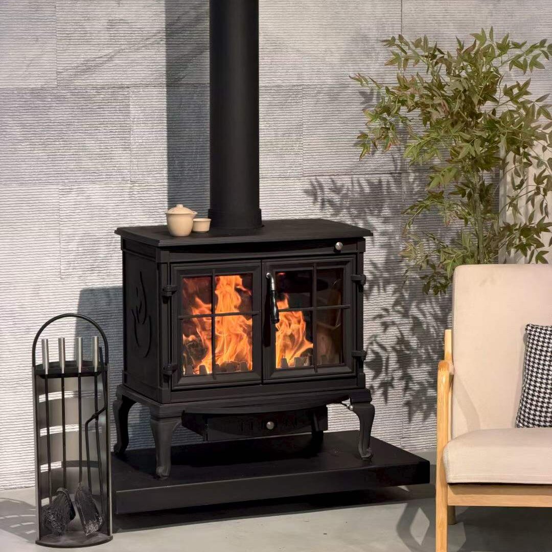 LS710 Thick Cast Iron Double Door Freestanding Wood Burning Stove Matte Black
