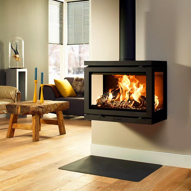 Camiol Vader-800 Double Layer Carbon Steel Matte Black Wall Mount Indoor Wood Burning Fireplace