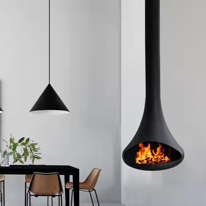Camiol CX-5 Modern Hanging Fireplace Matte Black Carbon Steel Plate Suspended Wood Burning Stove for Indoor Living Room