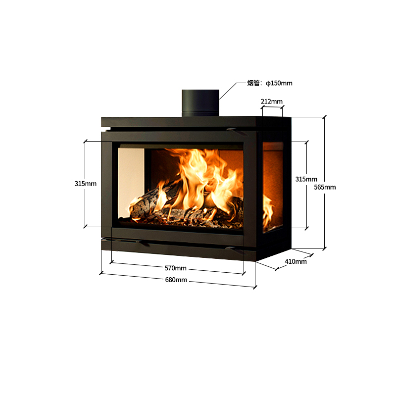 Camiol Vader-680 Matte Black Double Mild Steel Plate Wall Mounted Wood Fireplace Indoor Heating