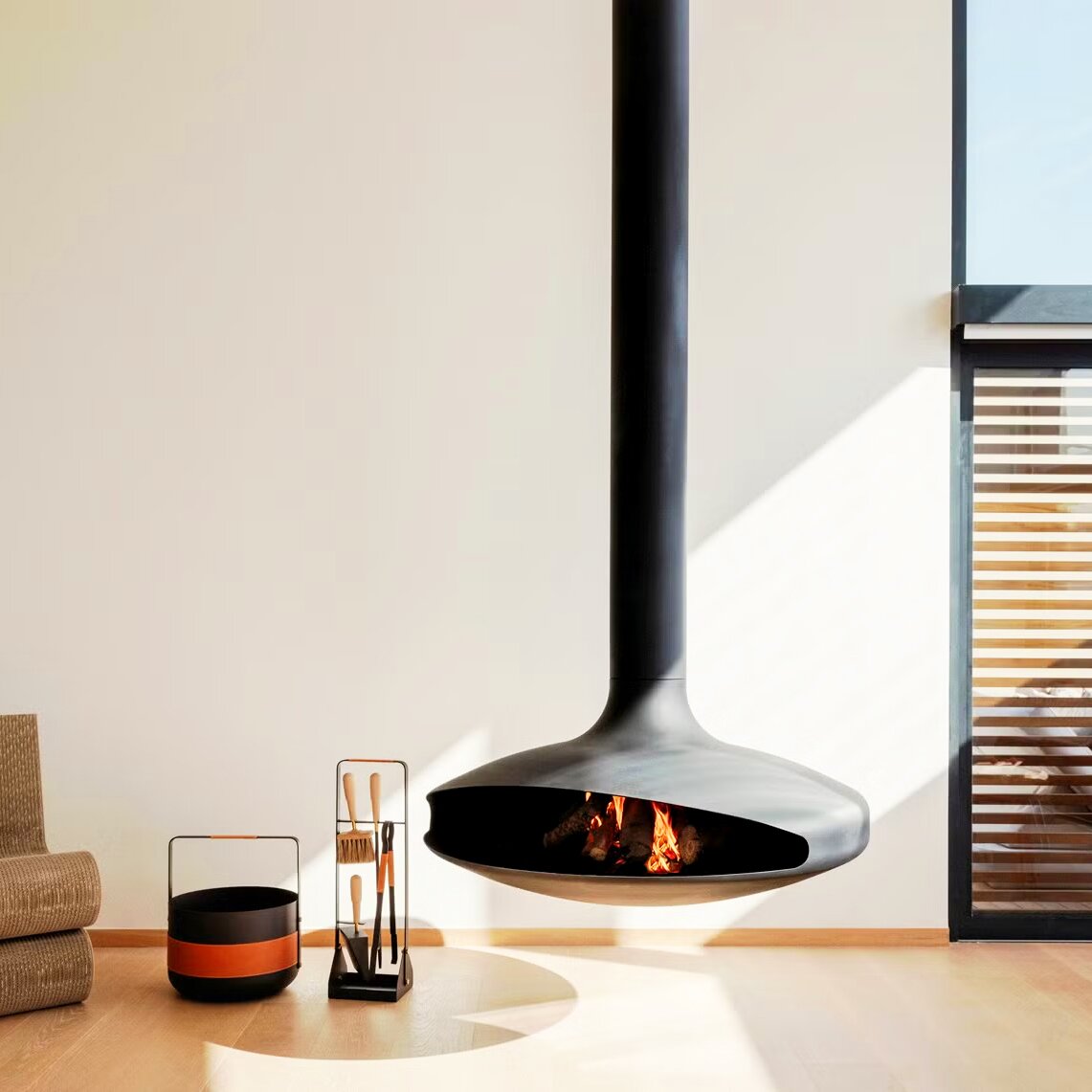 Camiol CX-3 Modern Hanging Fireplace Matte Black Steel Plate Suspended Wood Burning Stove for Indoor Home