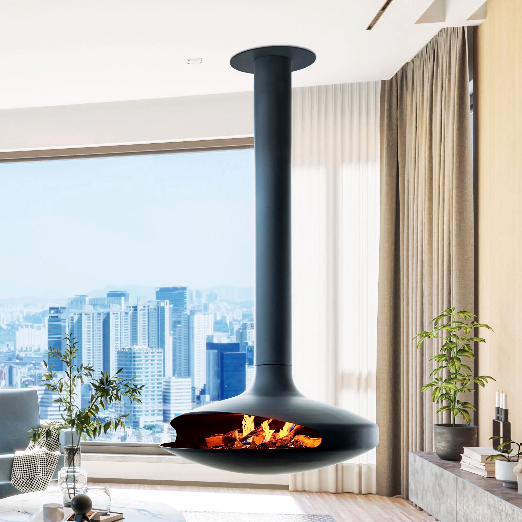 Camiol CX-3 Modern Hanging Fireplace Matte Black Steel Plate Suspended Wood Burning Stove for Indoor Home