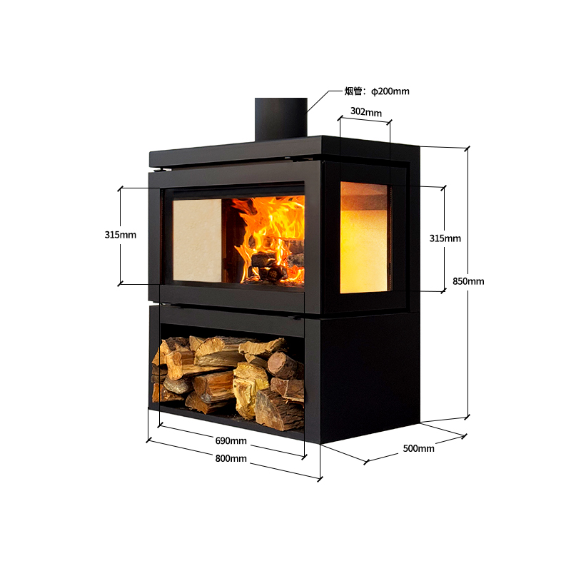 Camiol Vader-800 Double Layer Carbon Steel Matte Black Freestanding Indoor Wood Burning Fireplace