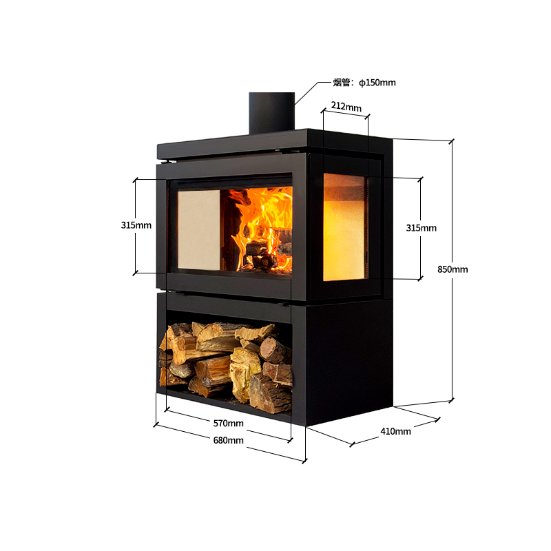 Camiol Vader-680 Matte Black Double Carbon Steel Plate Freestanding Wood Fireplace Indoor Heating