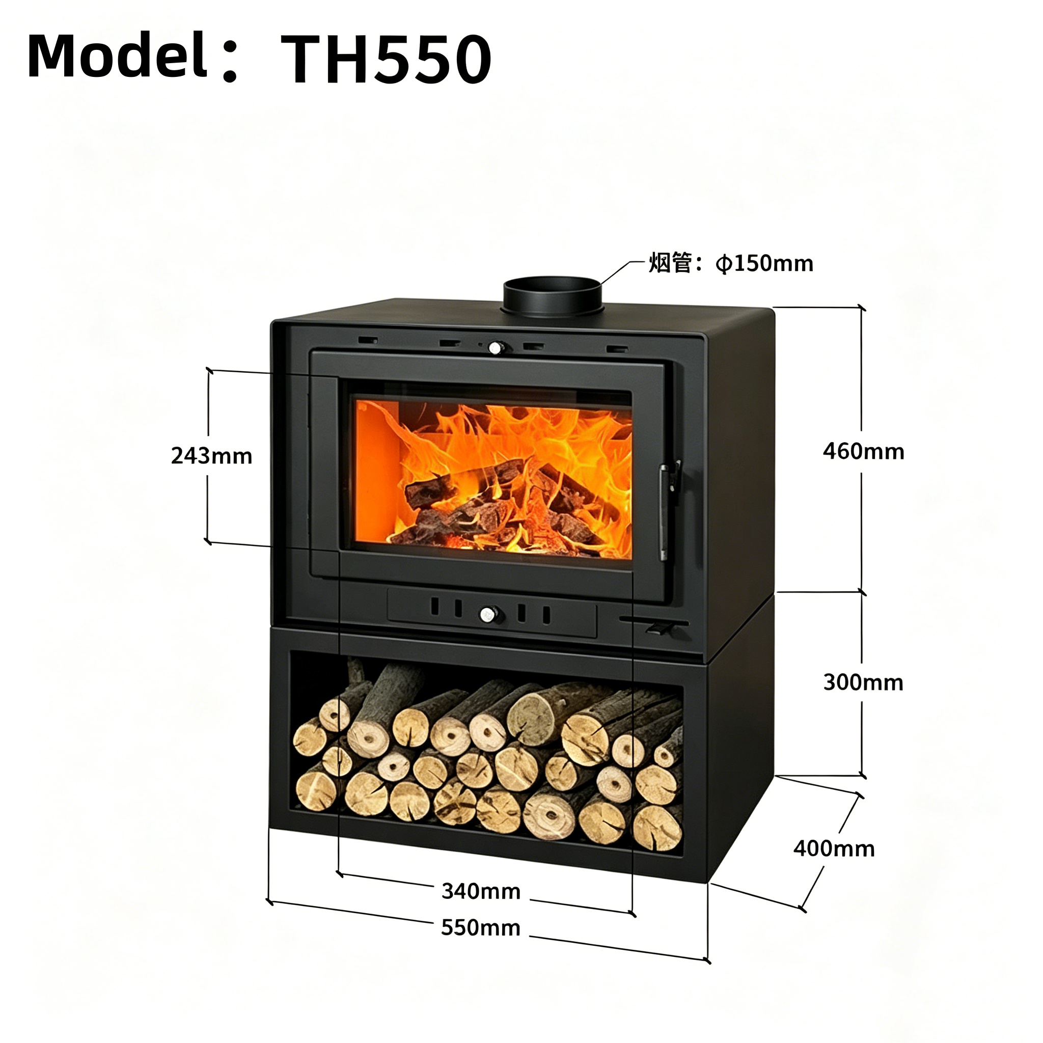 Camiol TH550 Matte Black Steel Plate Freestanding Wood Fireplace Indoor Heating