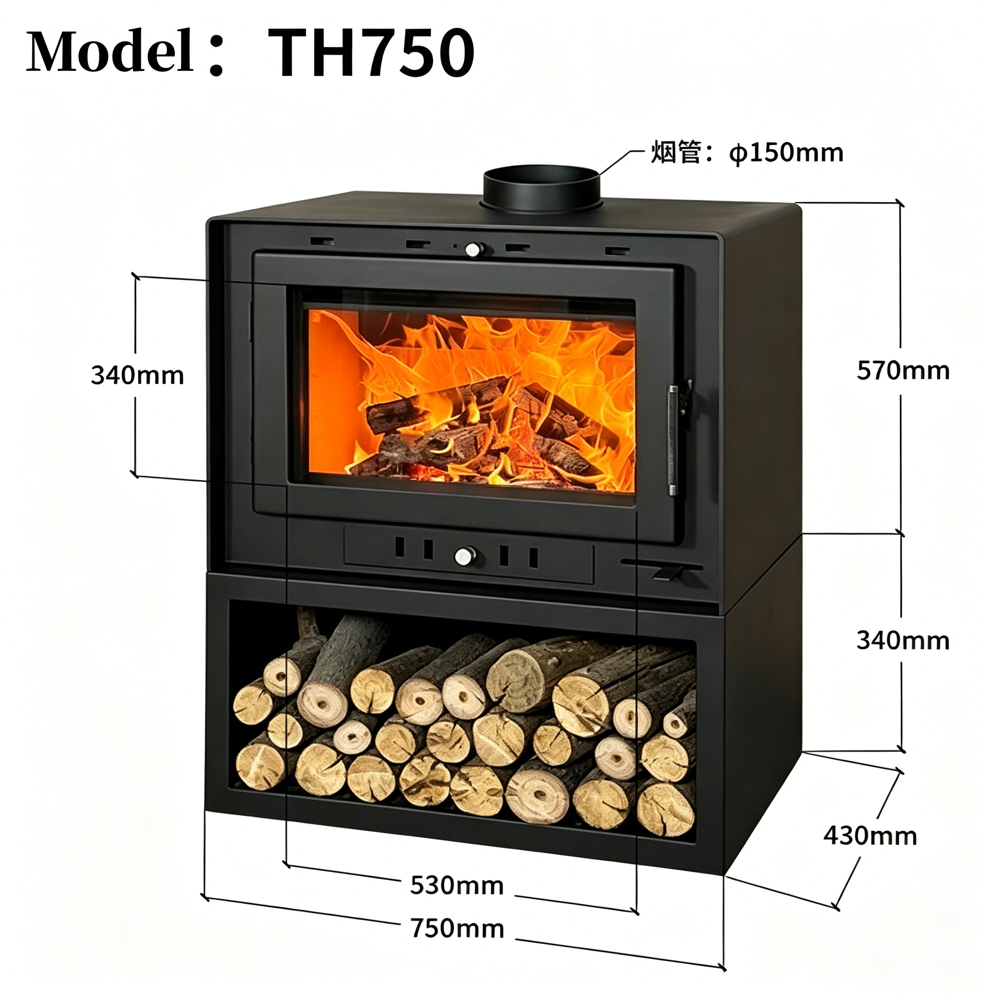 Camiol TH750 Matte Black Steel Plate Freestanding Wood Fireplace Indoor Heating