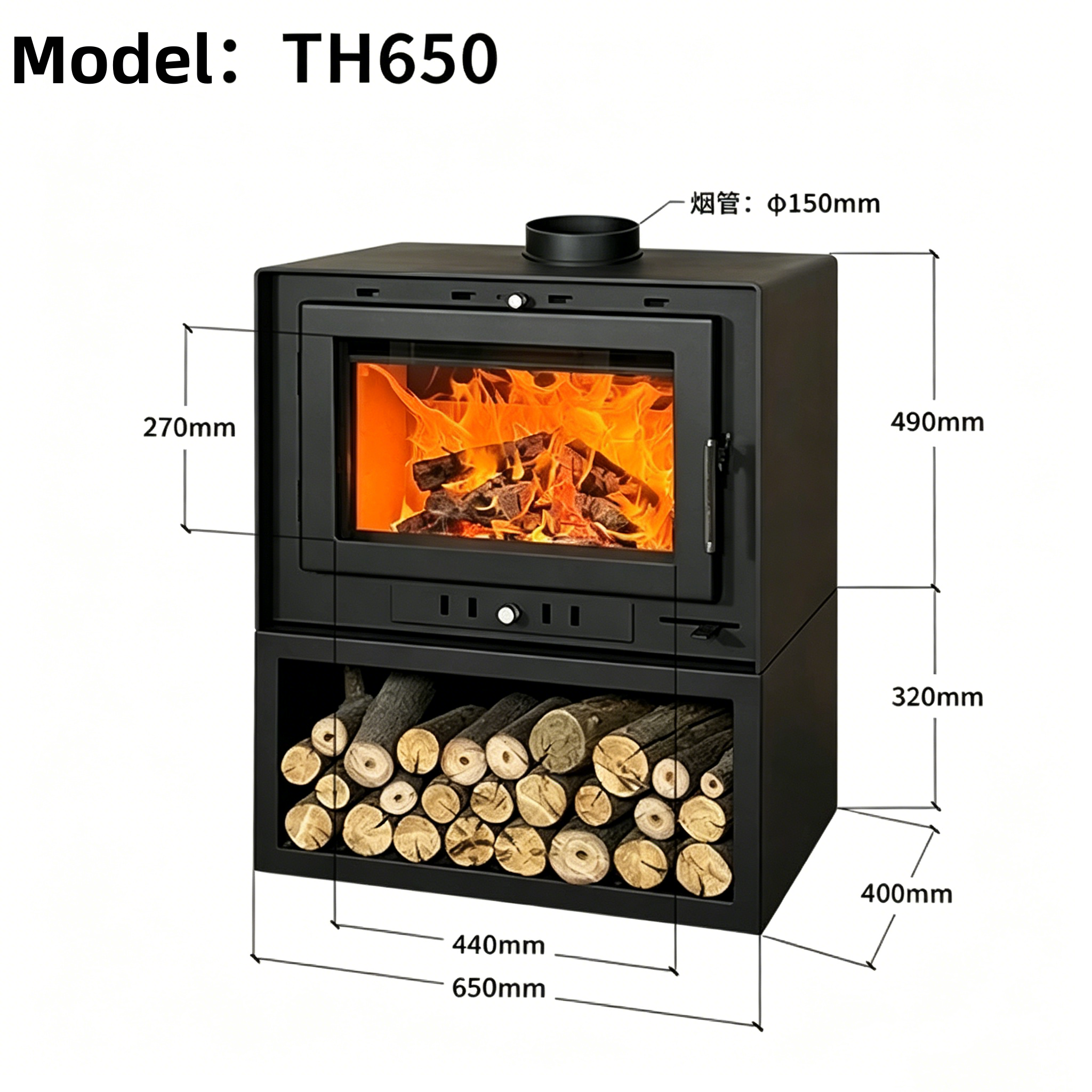 Camiol TH650 Matte Black Steel Plate Freestanding Wood Fireplace Indoor Heating
