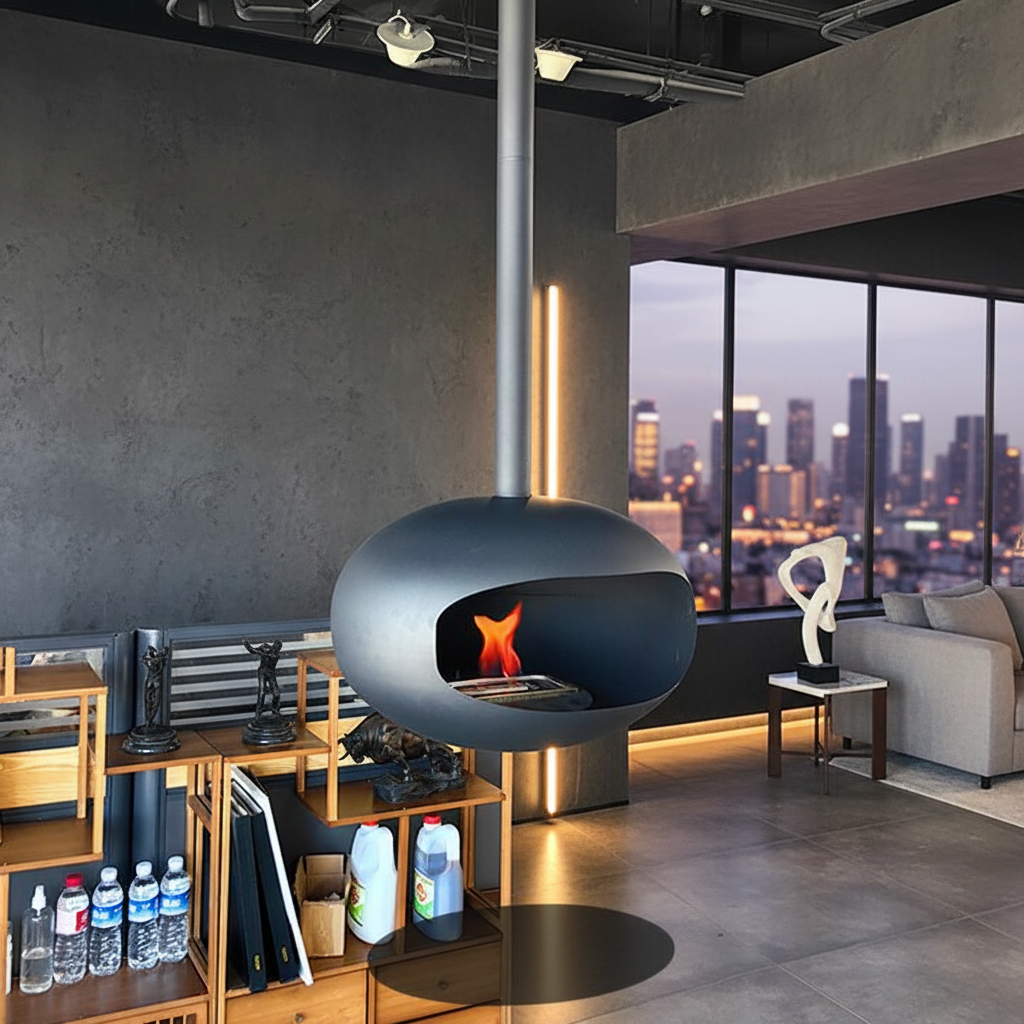Camiol UFO Hanging Type Bioethanol Fireplace Matte Black Steel Plate Suspended Fireplace